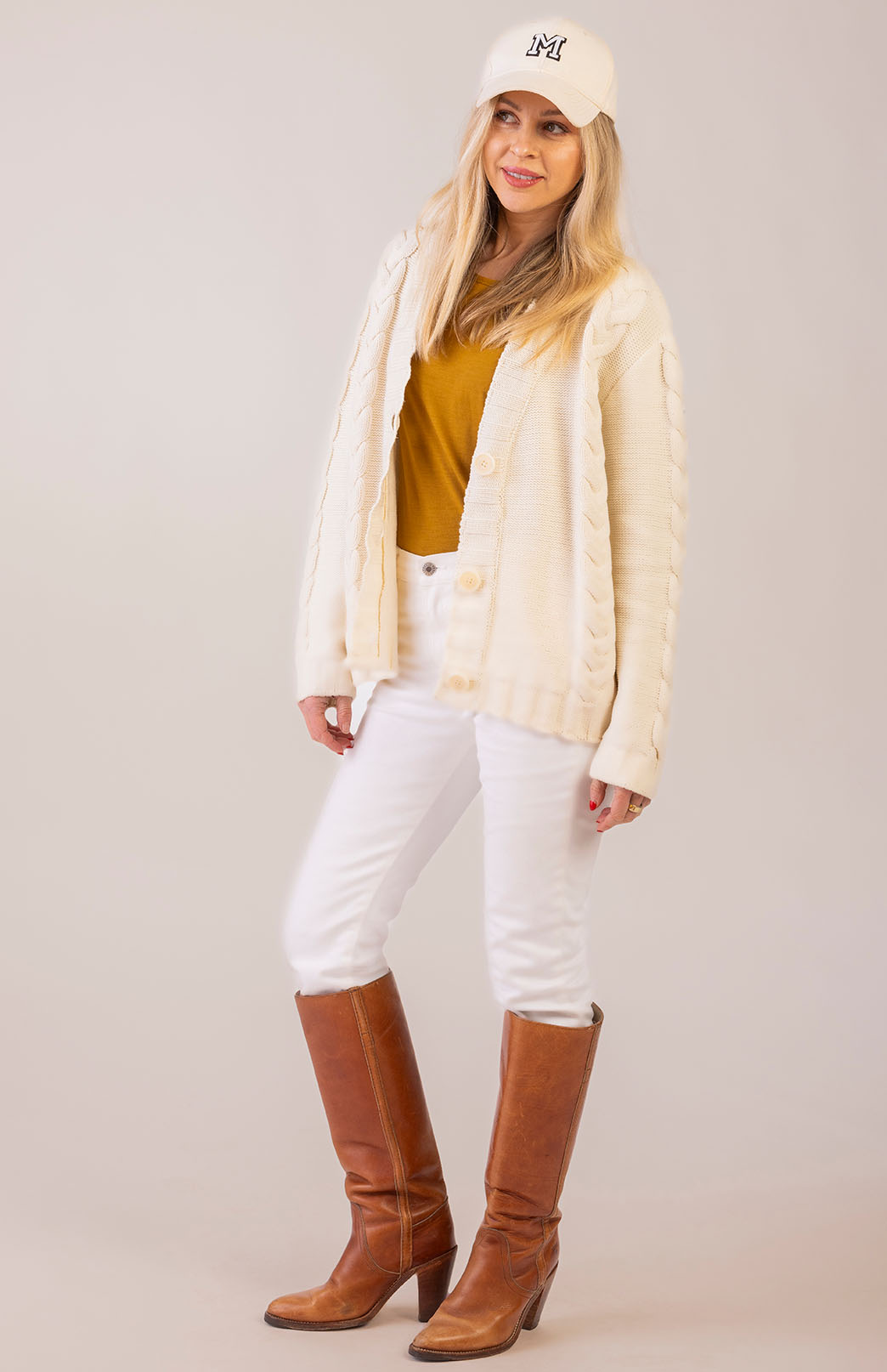 Ivory Women&#39;s Merino Wool Cable Knit Cardigan
