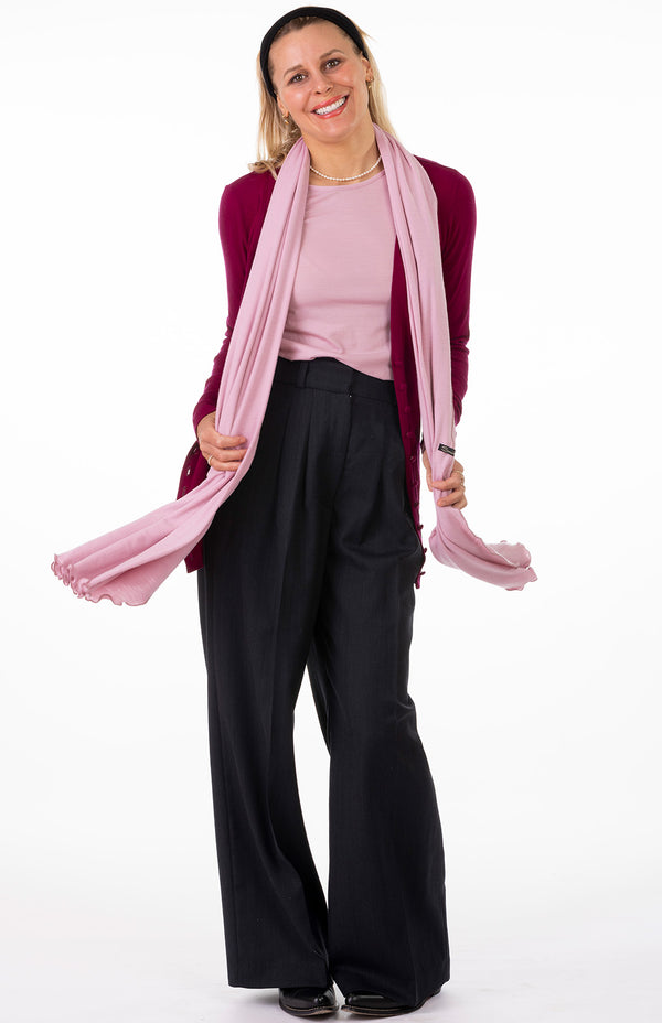 Our model wearing annie cardigan, pink round neck top and pleated merino pants