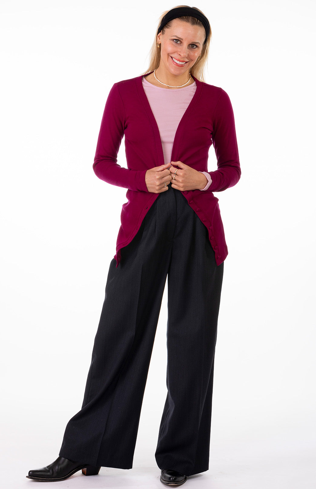 Magenta Women's Merino Wool Long Sleeve Button Cardigan