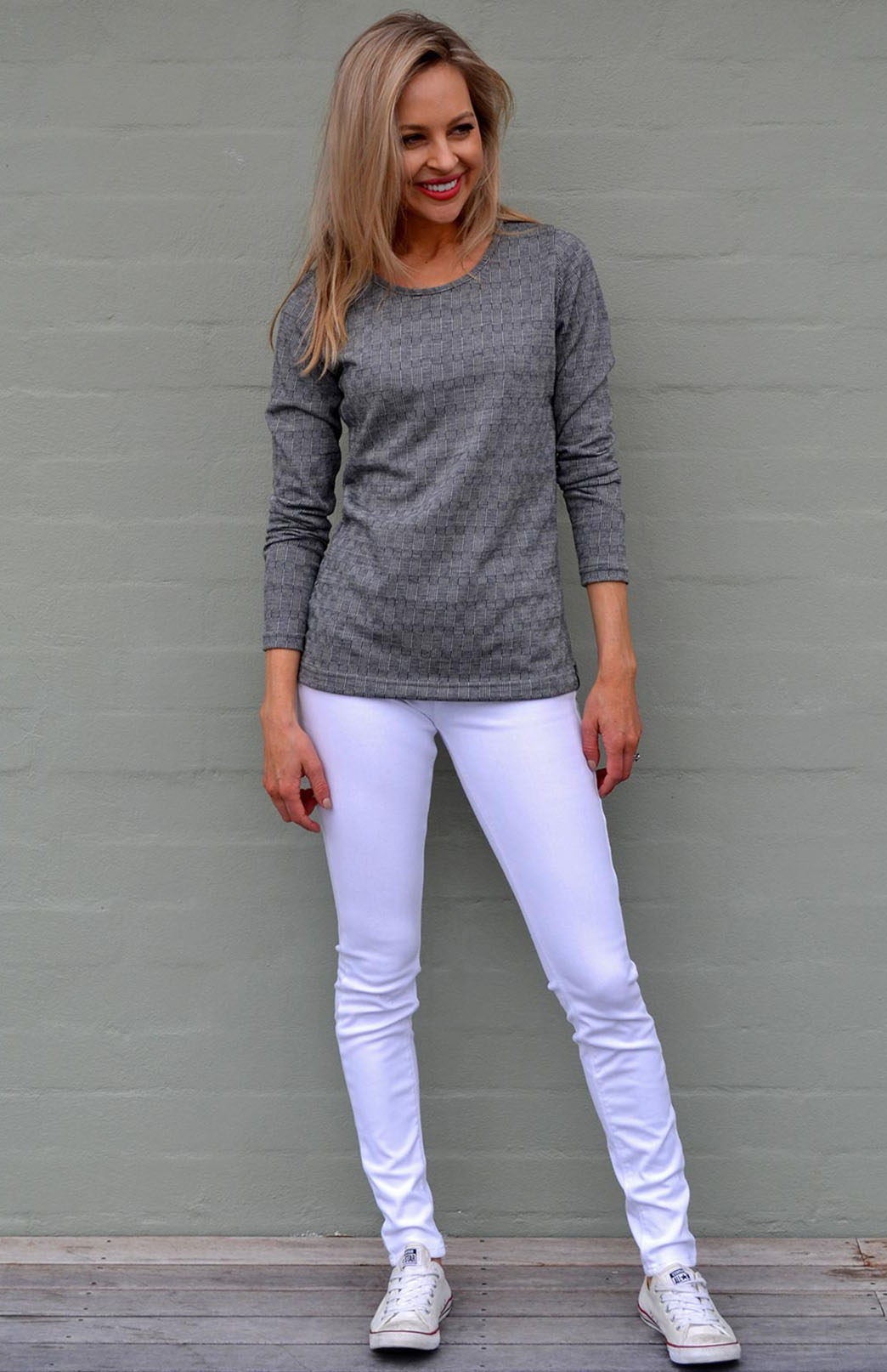 Grey Waffle Check Women&#39;s Merino Wool Long Sleeve Fashion &amp;amp; Layering Top
