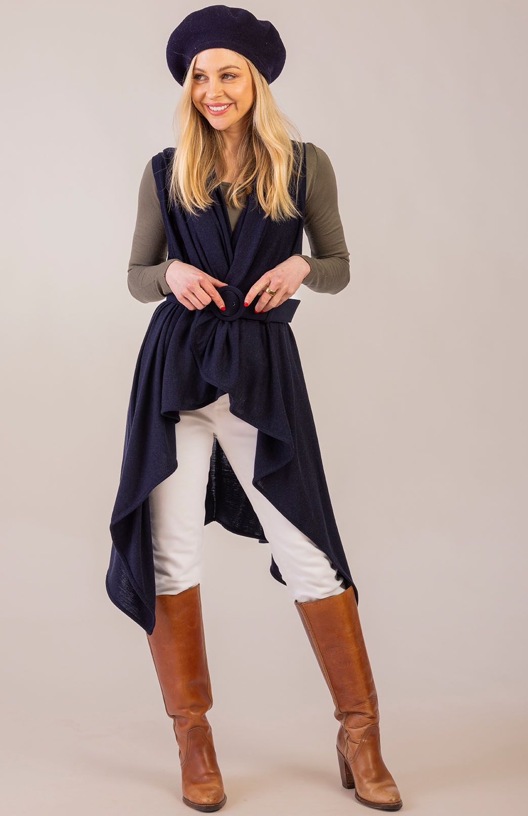 Navy Blue Women's Merino Wool 220g Rib Sleeveless Wrap
