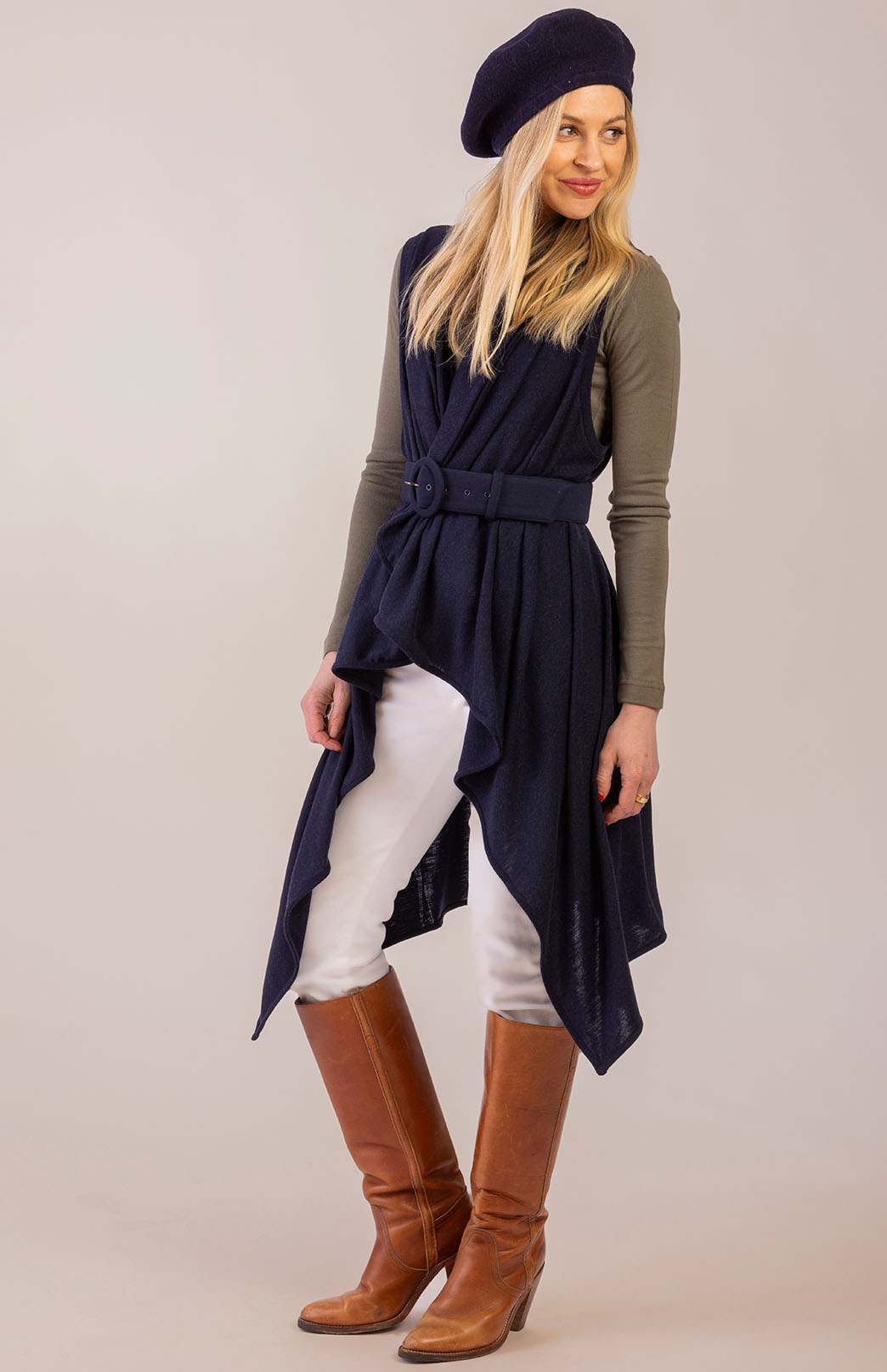 Navy Blue Women's Merino Wool 220g Rib Sleeveless Wrap

