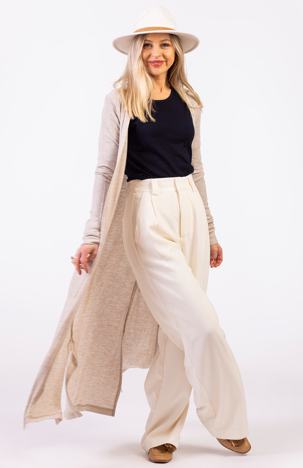 Oatmeal Marl Women's Slimline Long Cardigan with side pockets