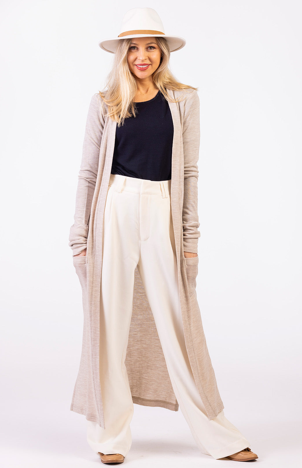 Oatmeal Marl Women's Slimline Long Cardigan with side pockets