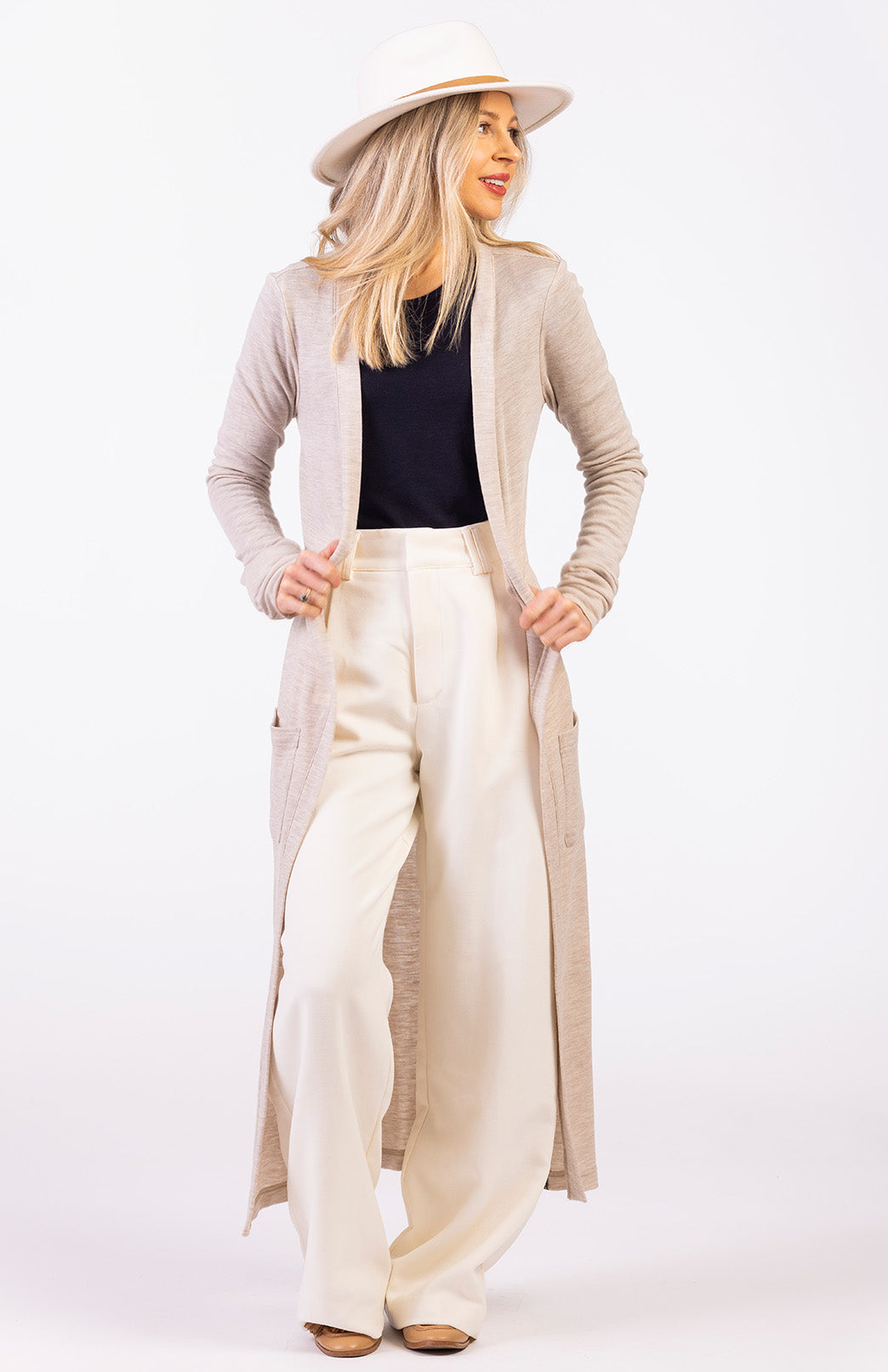 Oatmeal Marl Women's Slimline Long Cardigan with side pockets