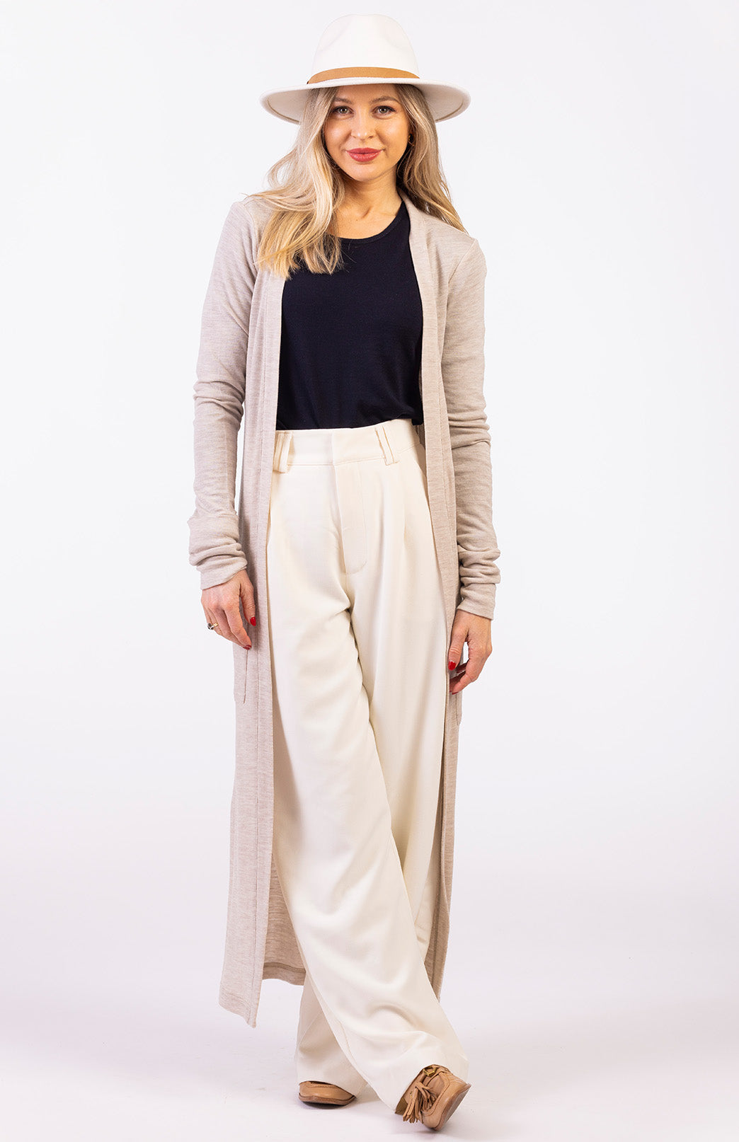 Oatmeal Marl Women&#39;s Slimline Long Cardigan with side pockets
