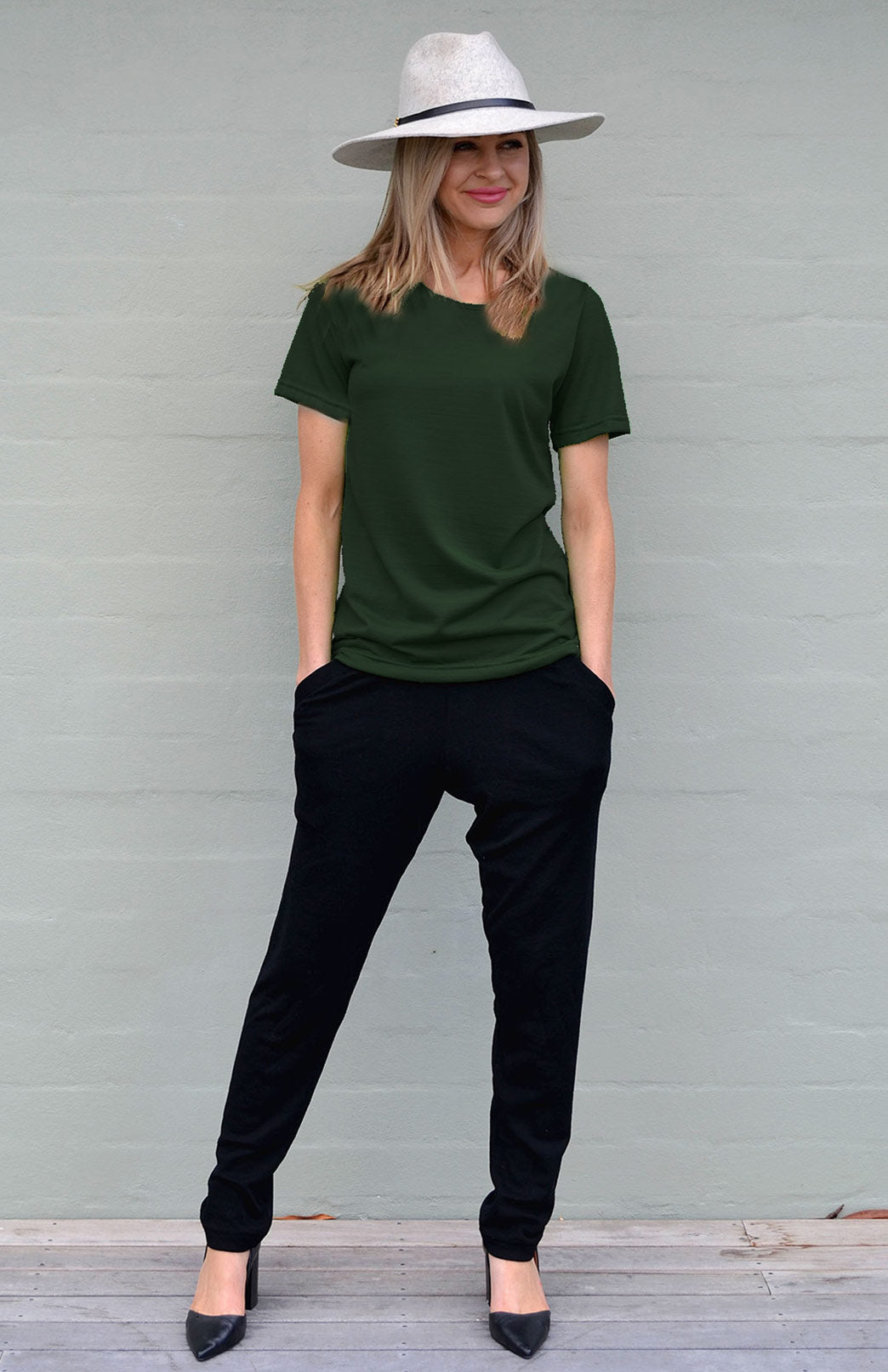 Dusty Blue Women&#39;s Merino Wool Short Sleeve Round Neck T-Shirt Top
