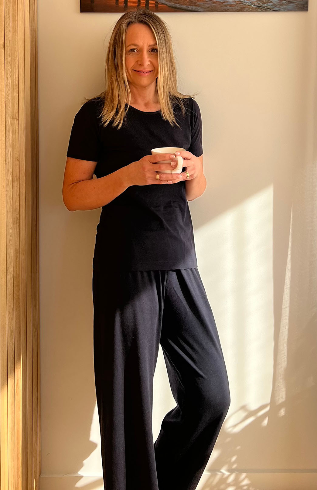 Navy Blue Women's Merino Wool T-Shirt and Long Pants Matching Pyjama Set