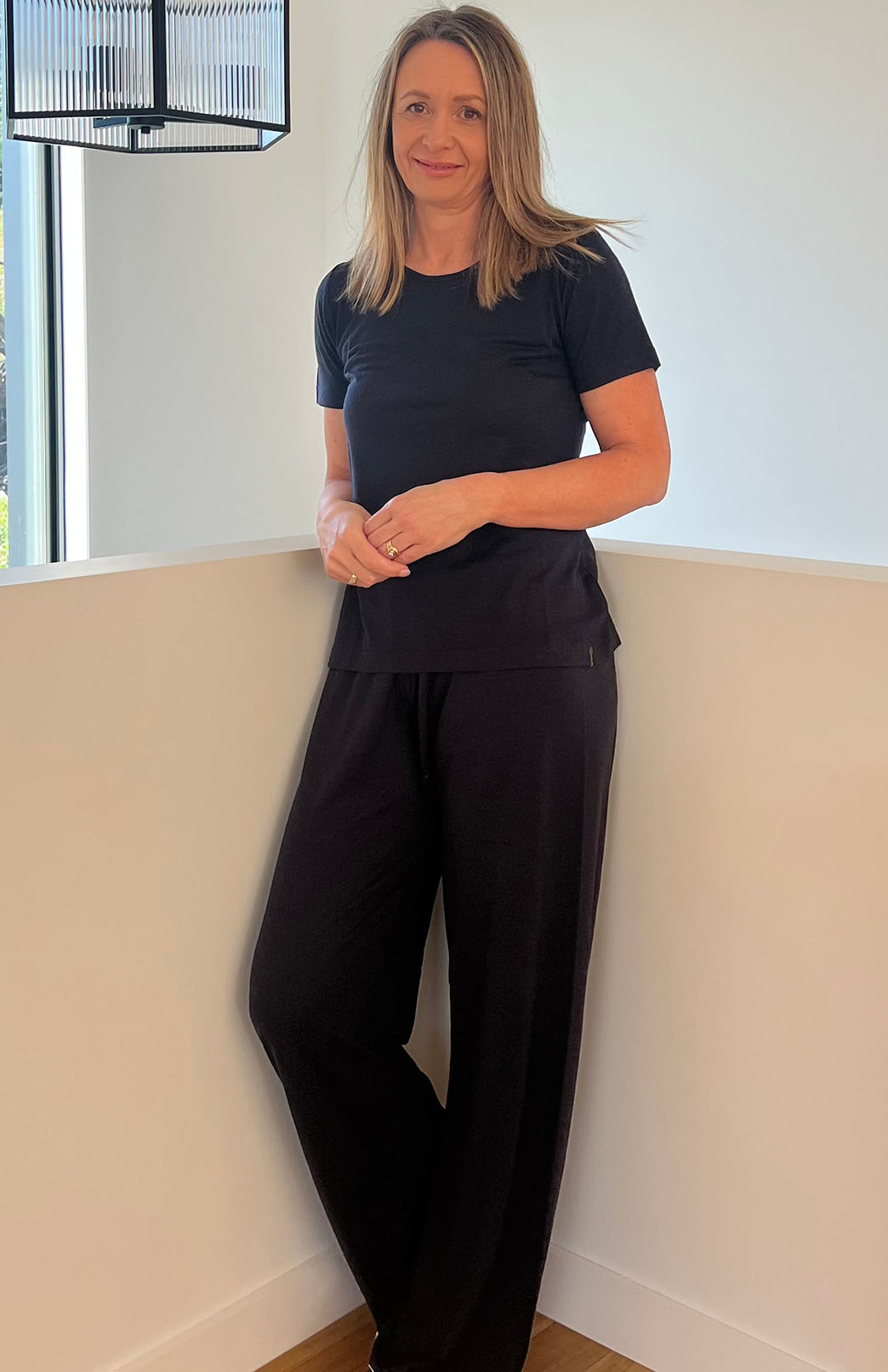 Navy Blue Women's Merino Wool T-Shirt and Long Pants Matching Pyjama Set