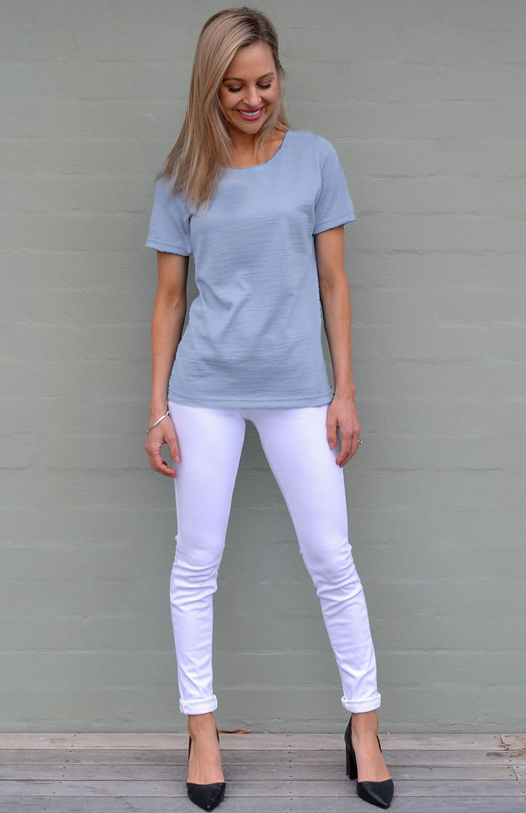 Dusty Blue Women's Merino Wool Short Sleeve Round Neck T-Shirt Top