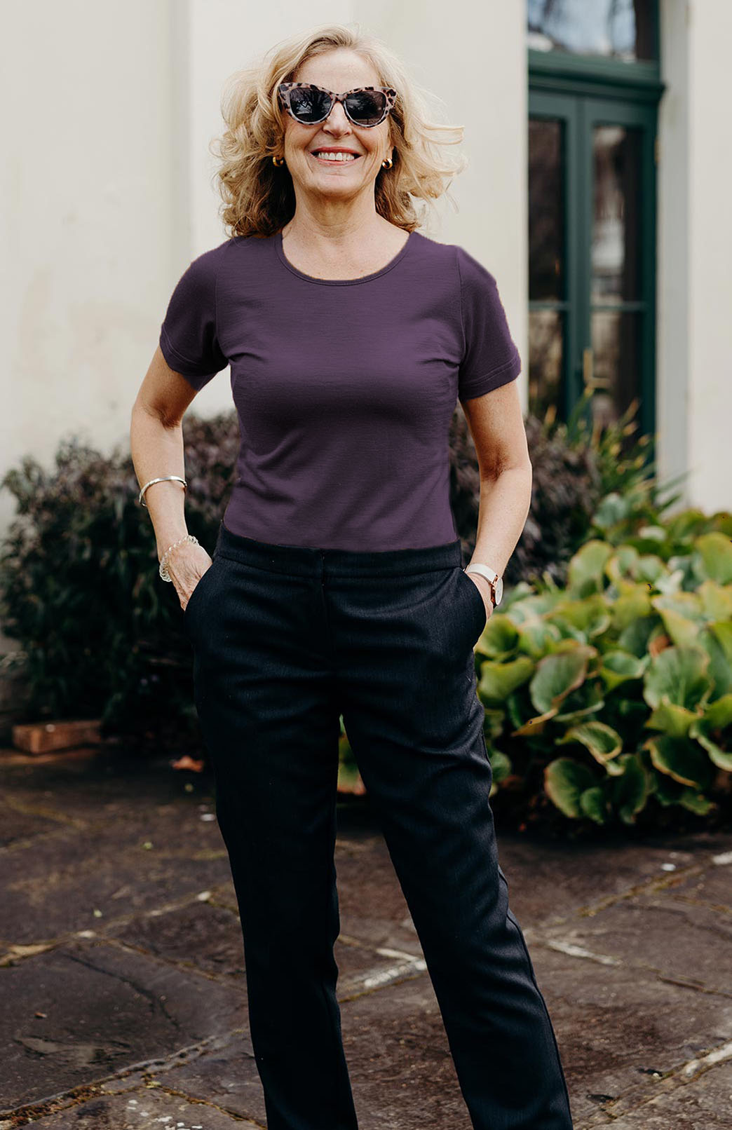 Mulberry Purple Women's Merino Wool Short Sleeve Round Neck T-Shirt Top