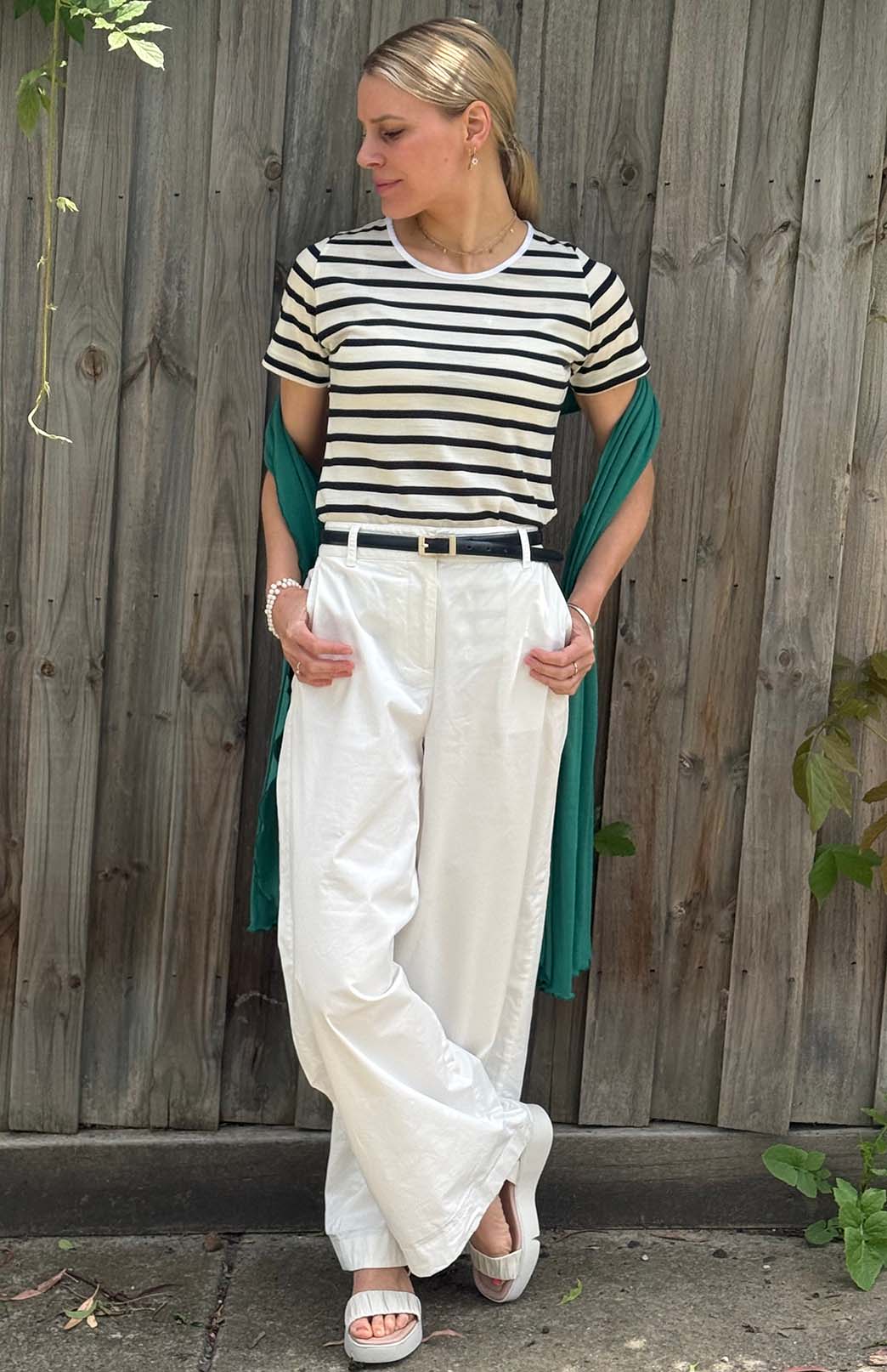 Navy Blue & Cream French Stripe Women's Merino Wool Short Sleeve Round Neck T-Shirt Top