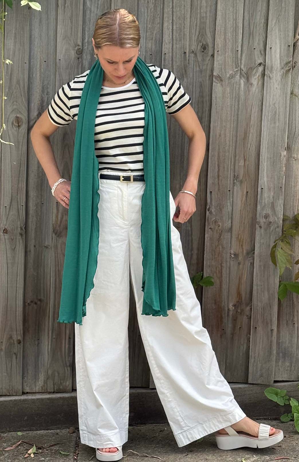 Navy Blue & Cream French Stripe Women's Merino Wool Short Sleeve Round Neck T-Shirt Top