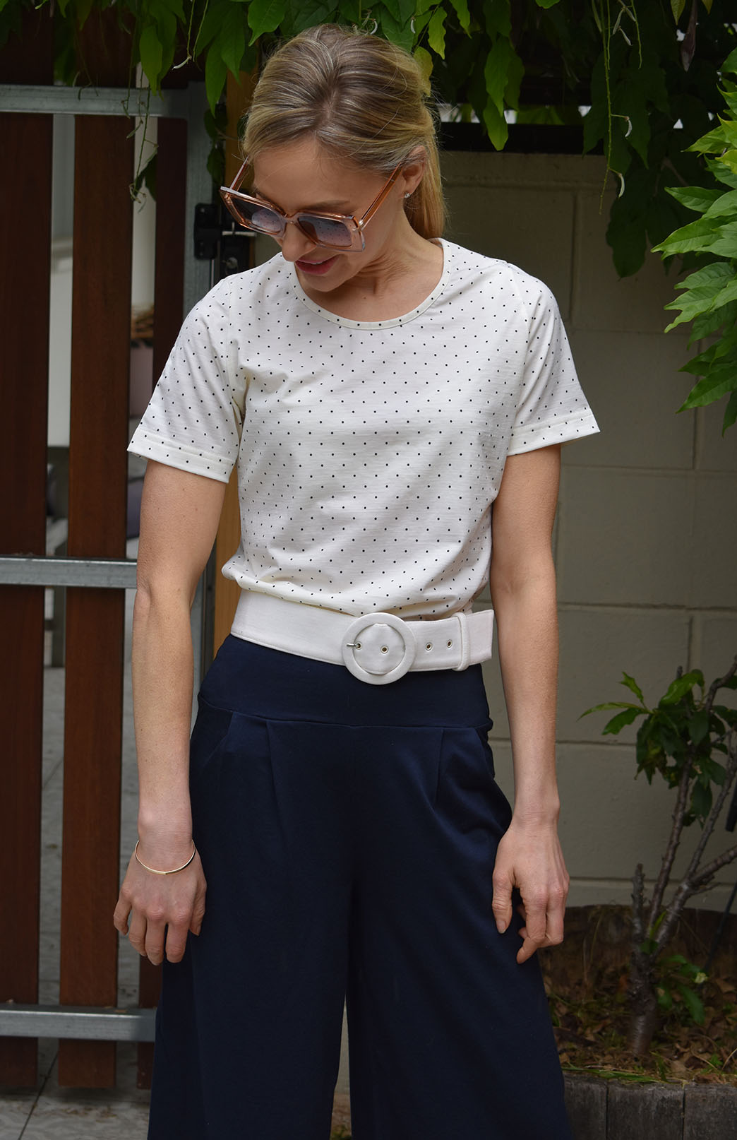 Vintage Ivory & Black Spot Women's Merino Wool Short Sleeve Round Neck T-Shirt Top