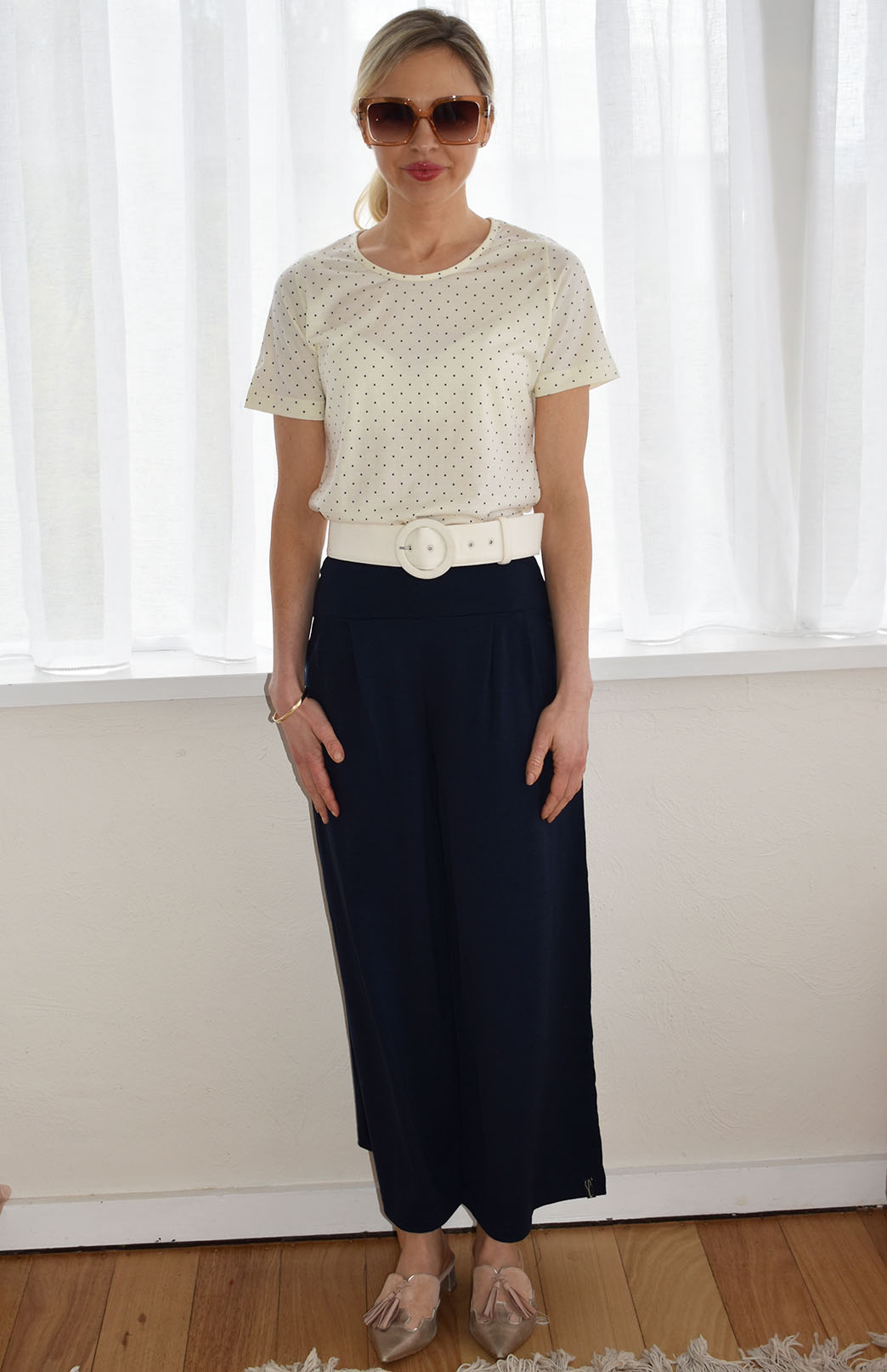 Vintage Ivory & Black Spot Women's Merino Wool Short Sleeve Round Neck T-Shirt Top