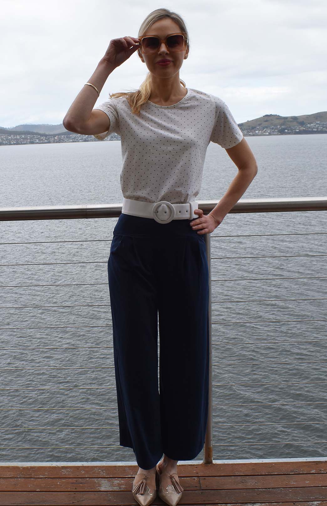 French Navy Blue Women's Merino Wool Crop Pants with Wide Leg in jersey fabric 