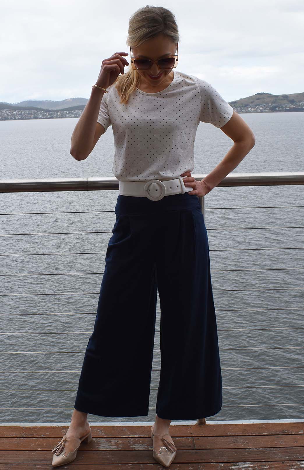 French Navy Blue Women's Merino Wool Crop Pants with Wide Leg in jersey fabric 