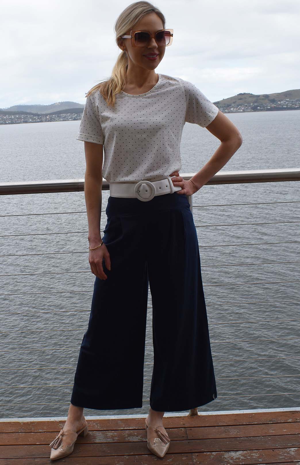 Vintage Ivory & Black Spot Women's Merino Wool Short Sleeve Round Neck T-Shirt Top