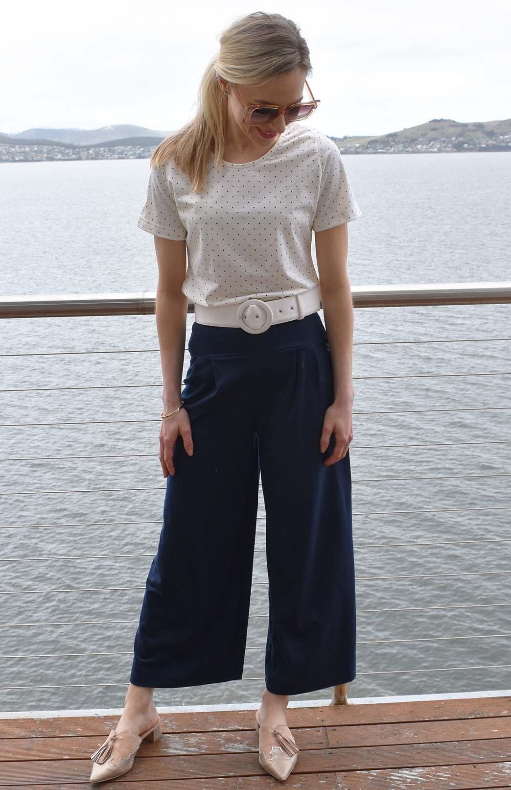 Vintage Ivory & Black Spot Women's Merino Wool Short Sleeve Round Neck T-Shirt Top