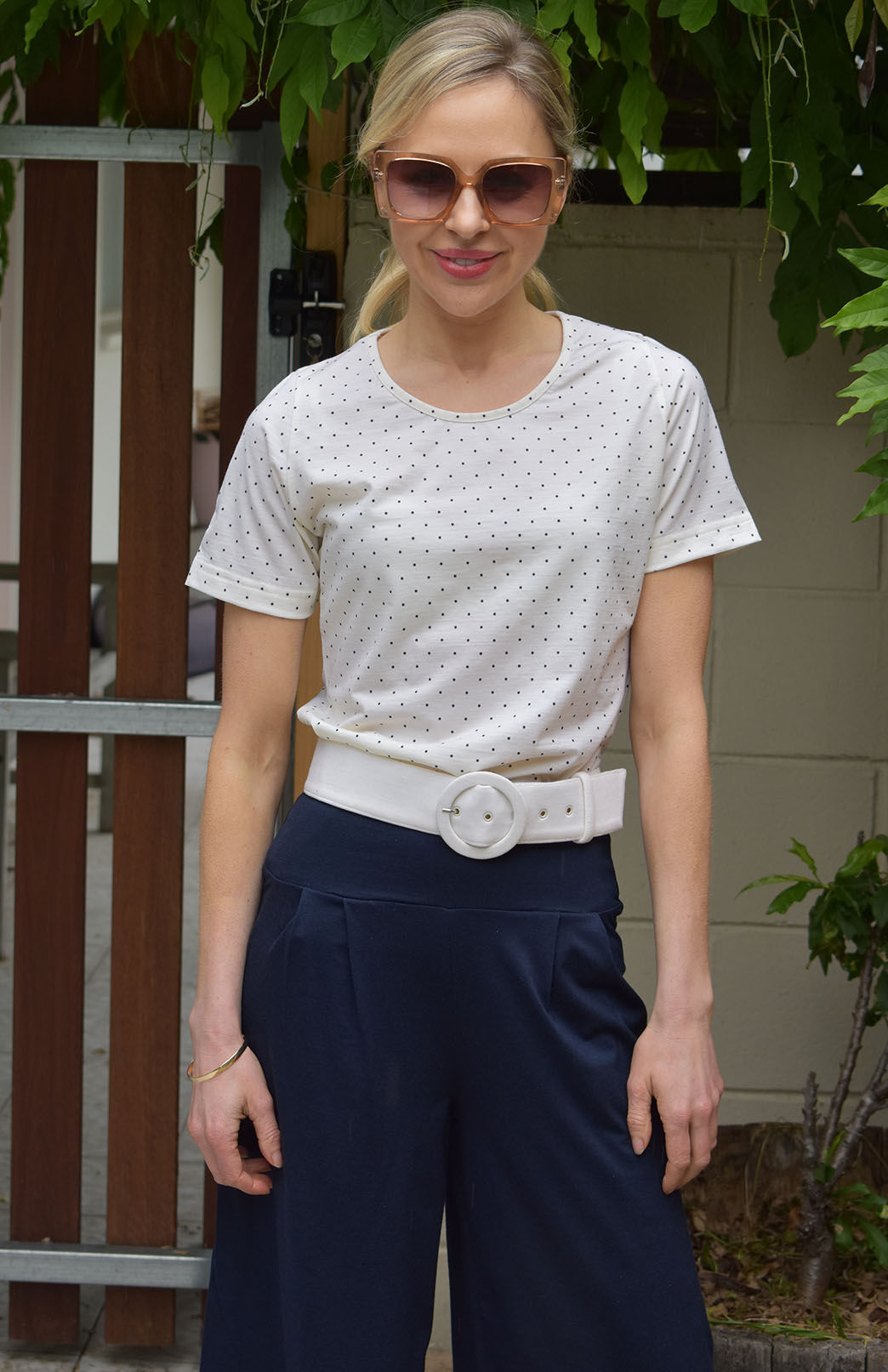 Vintage Ivory & Black Spot Women's Merino Wool Short Sleeve Round Neck T-Shirt Top