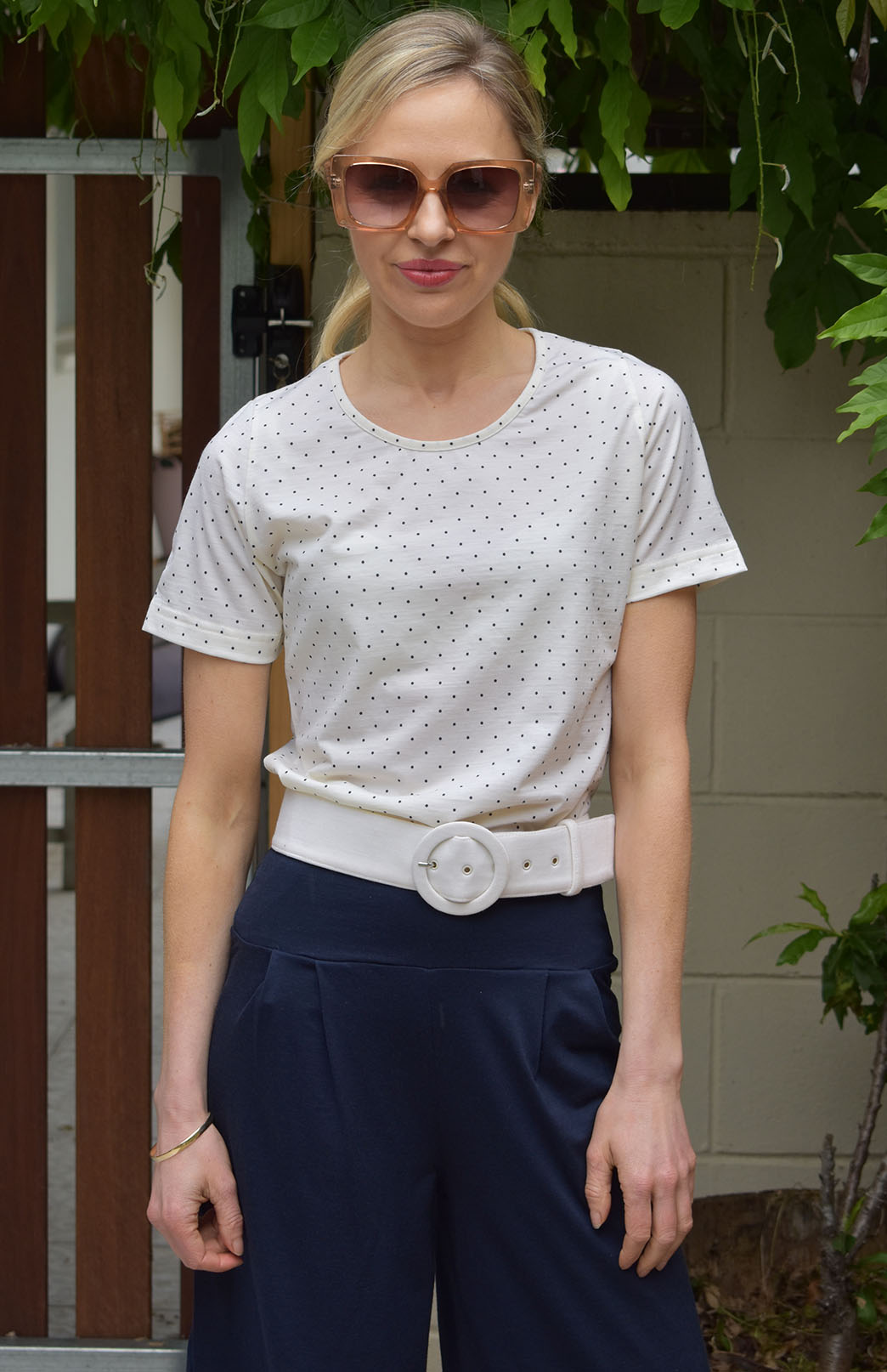 Vintage Ivory & Black Spot Women's Merino Wool Short Sleeve Round Neck T-Shirt Top