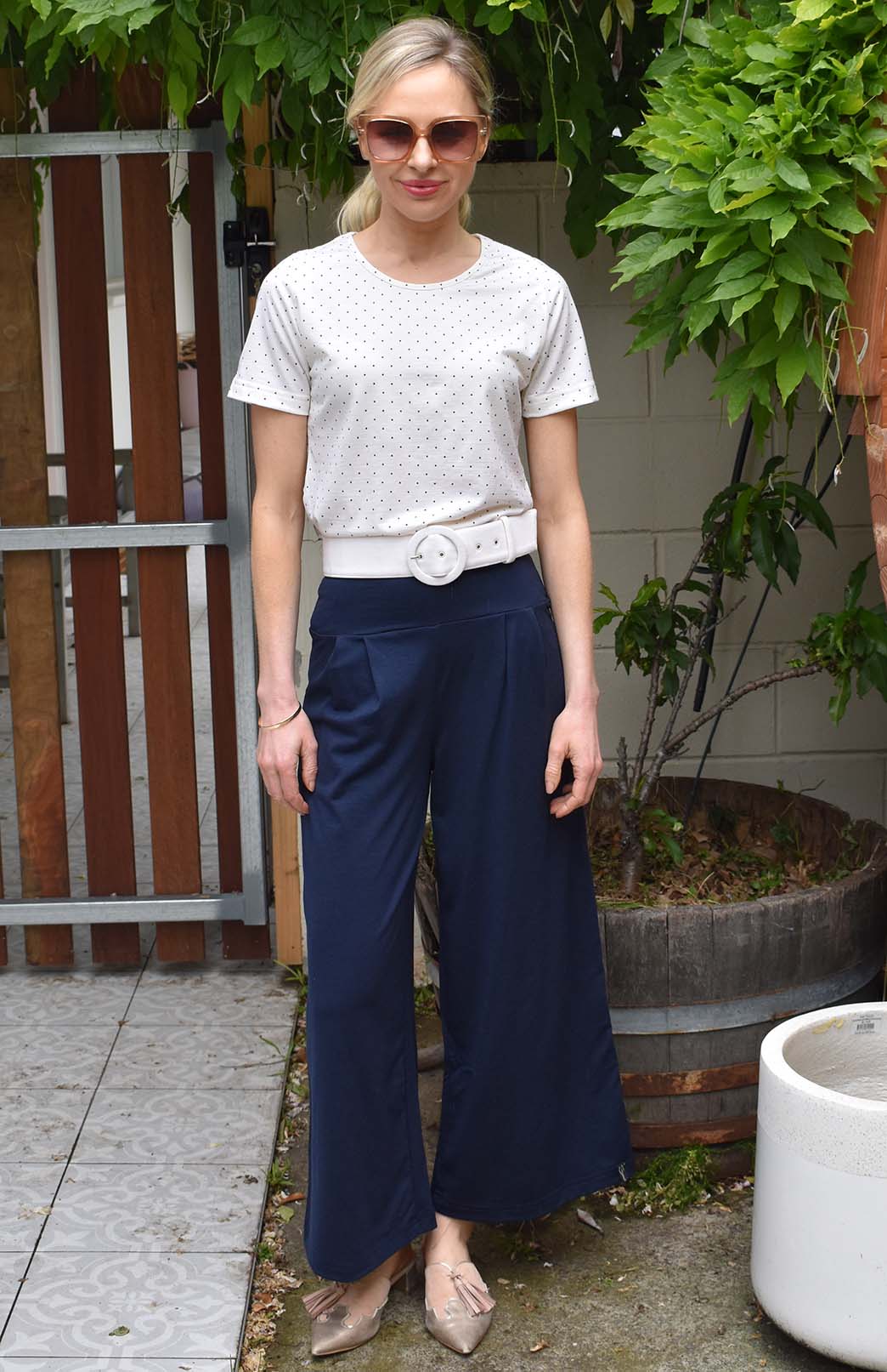 Vintage Ivory & Black Spot Women's Merino Wool Short Sleeve Round Neck T-Shirt Top