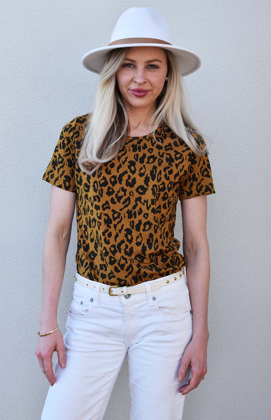 Whiskey Leopard Women's Merino Wool Short Sleeve Round Neck T-Shirt Top