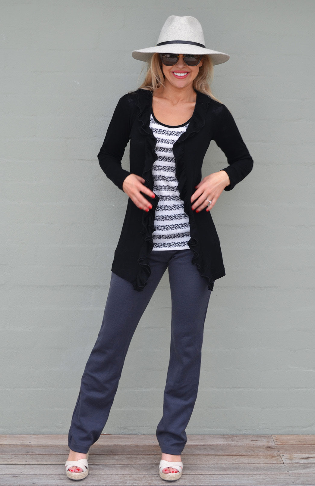 Black Women's Merino Wool Cardigan with Ruffled Collar