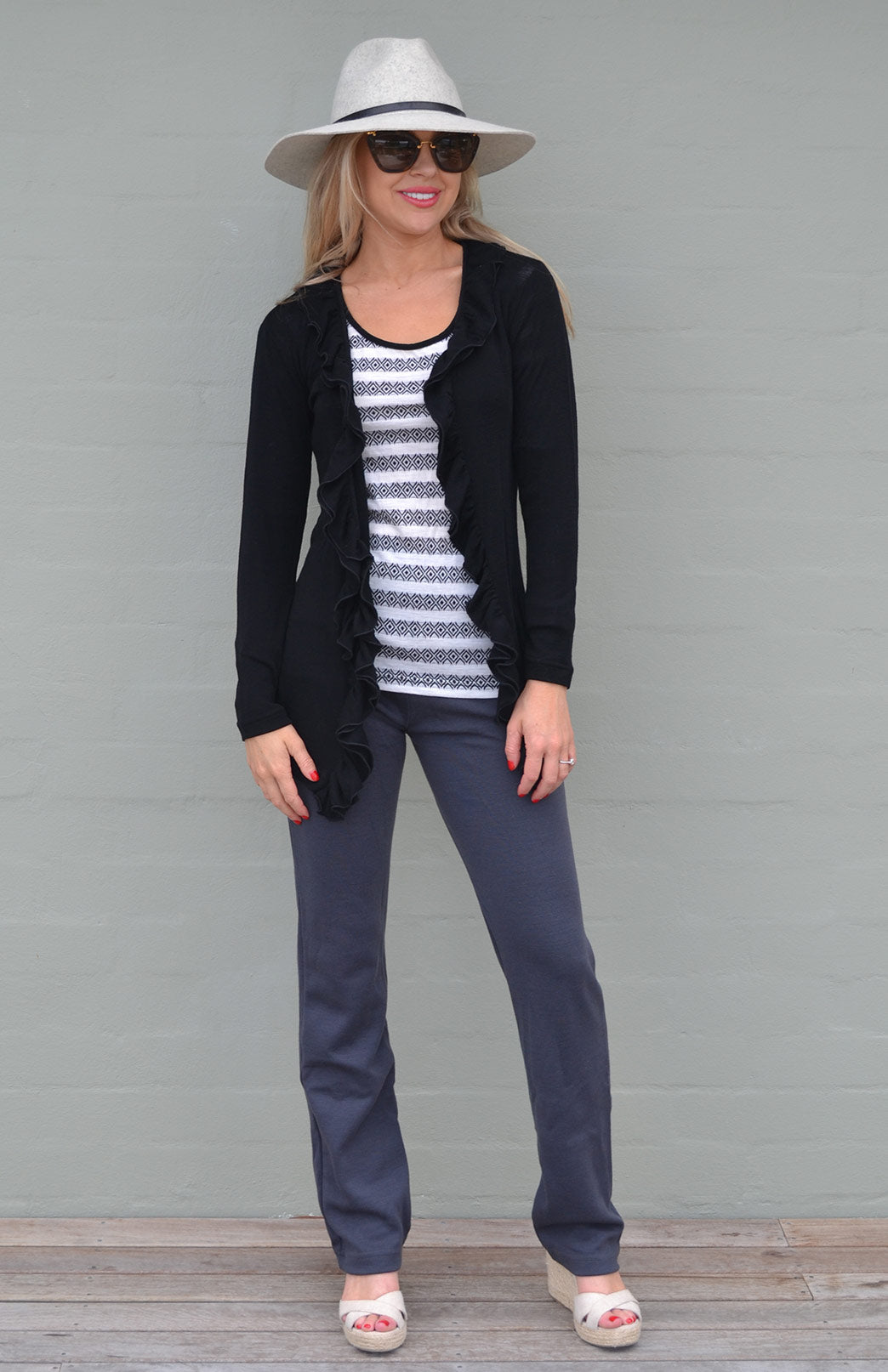 Black Women's Merino Wool Cardigan with Ruffled Collar