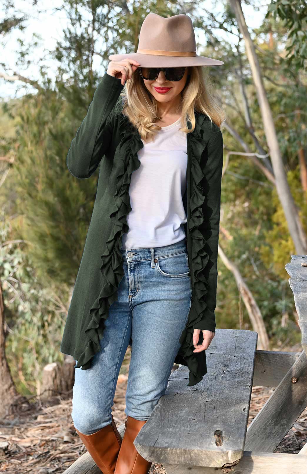 Kale Green Women's Merino Wool Cardigan with Ruffled Collar