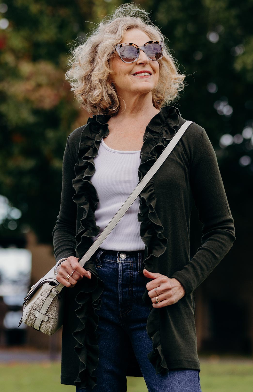 Kale Green Women's Merino Wool Cardigan with Ruffled Collar