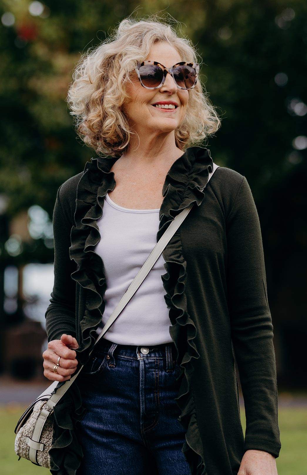 Kale Green Women's Merino Wool Cardigan with Ruffled Collar