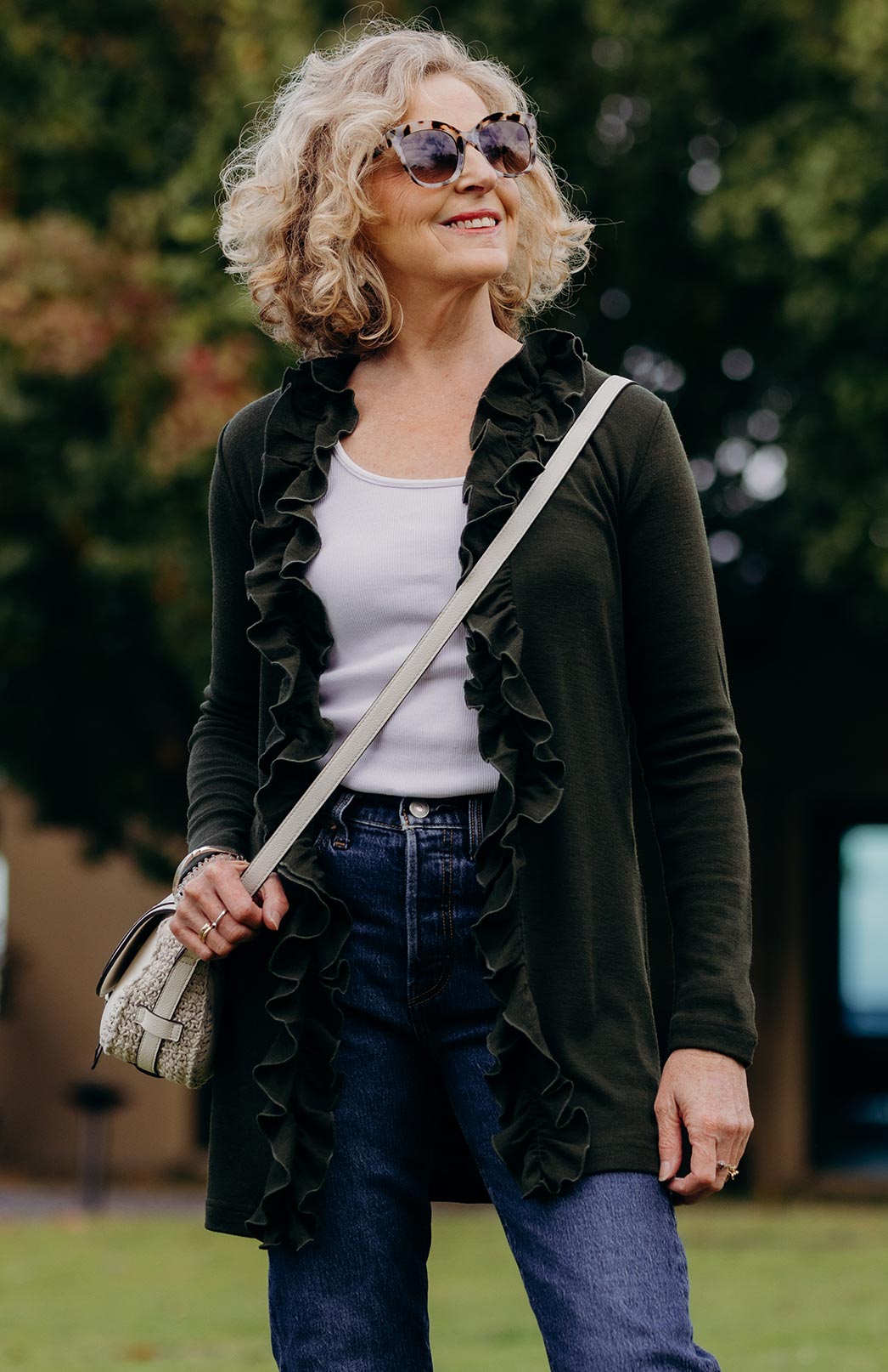 Kale Green Women's Merino Wool Cardigan with Ruffled Collar