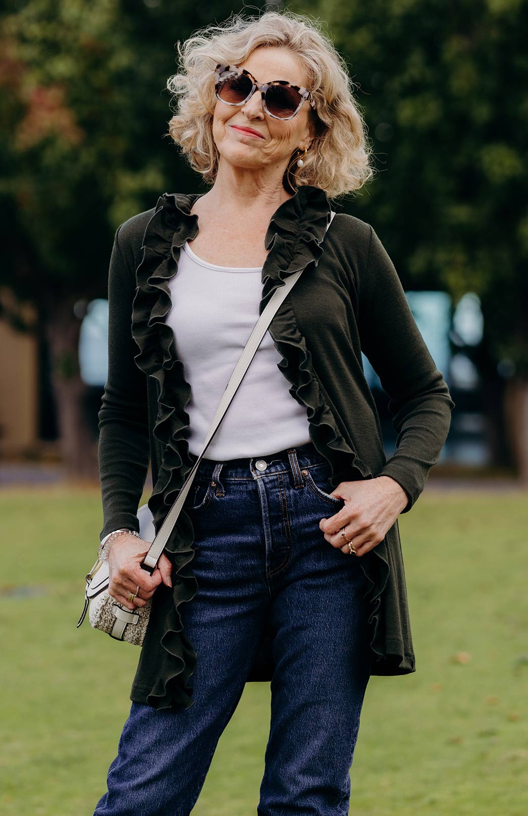 Kale Green Women&#39;s Merino Wool Cardigan with Ruffled Collar
