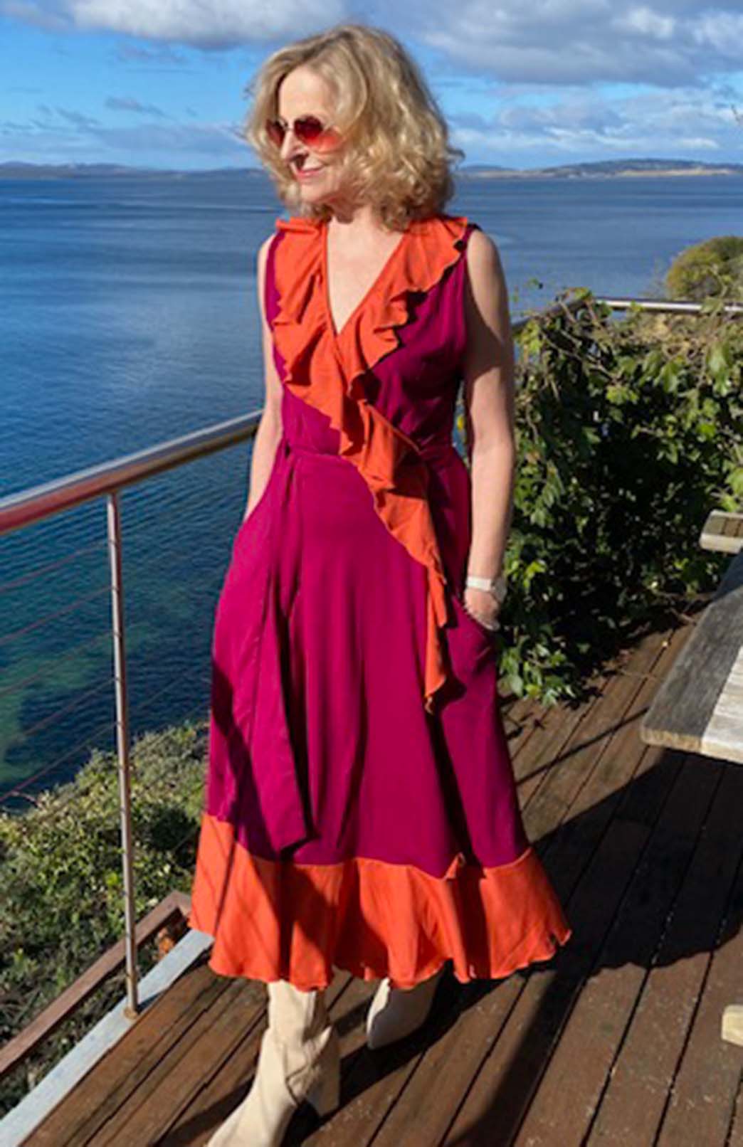 Magenta & Burnt Orange Women&#39;s Sleeveless Merino Wool Ruffled Dress

