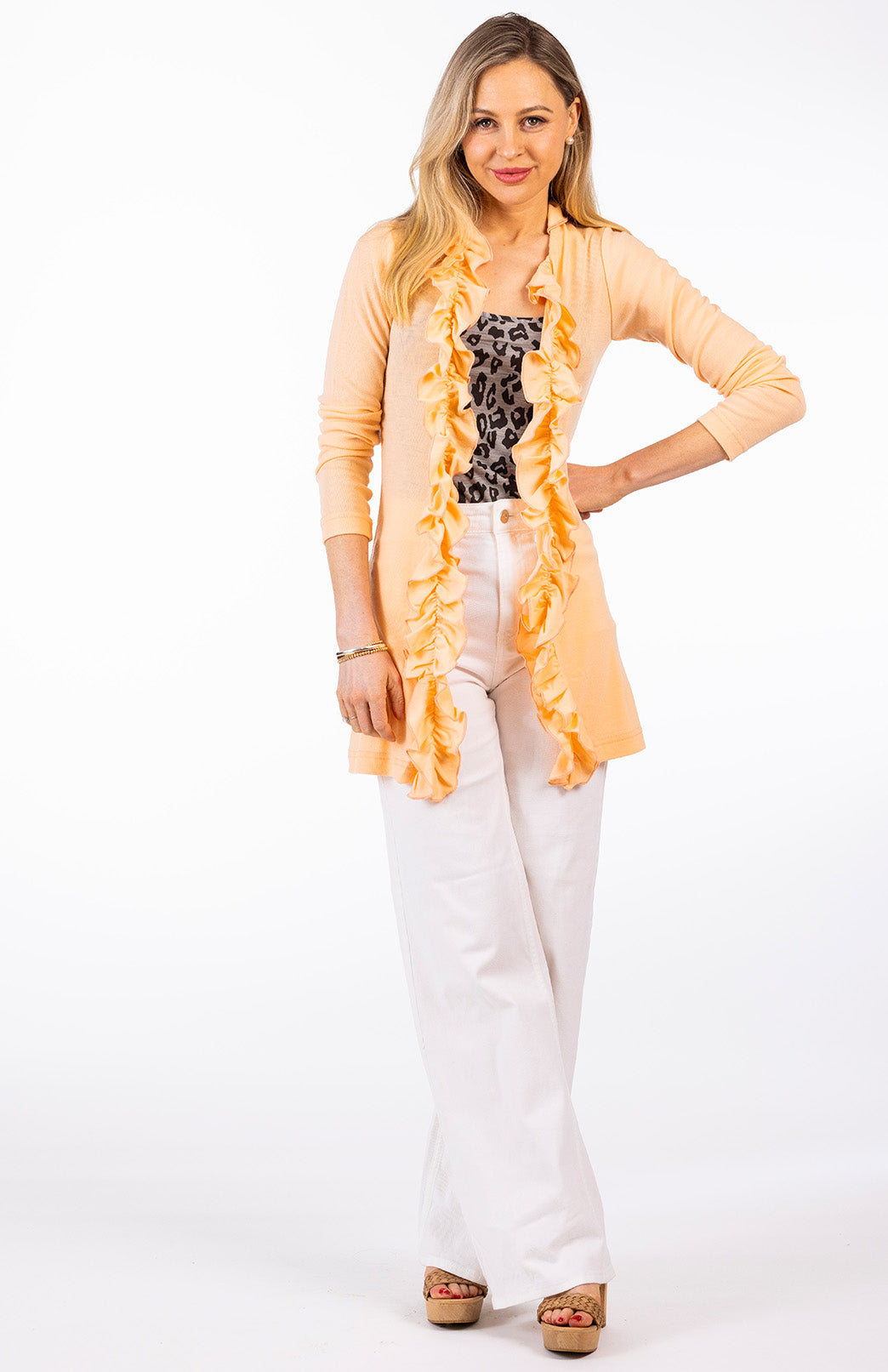 Peach Fuzz Women's Merino Wool Cardigan with Ruffled Collar