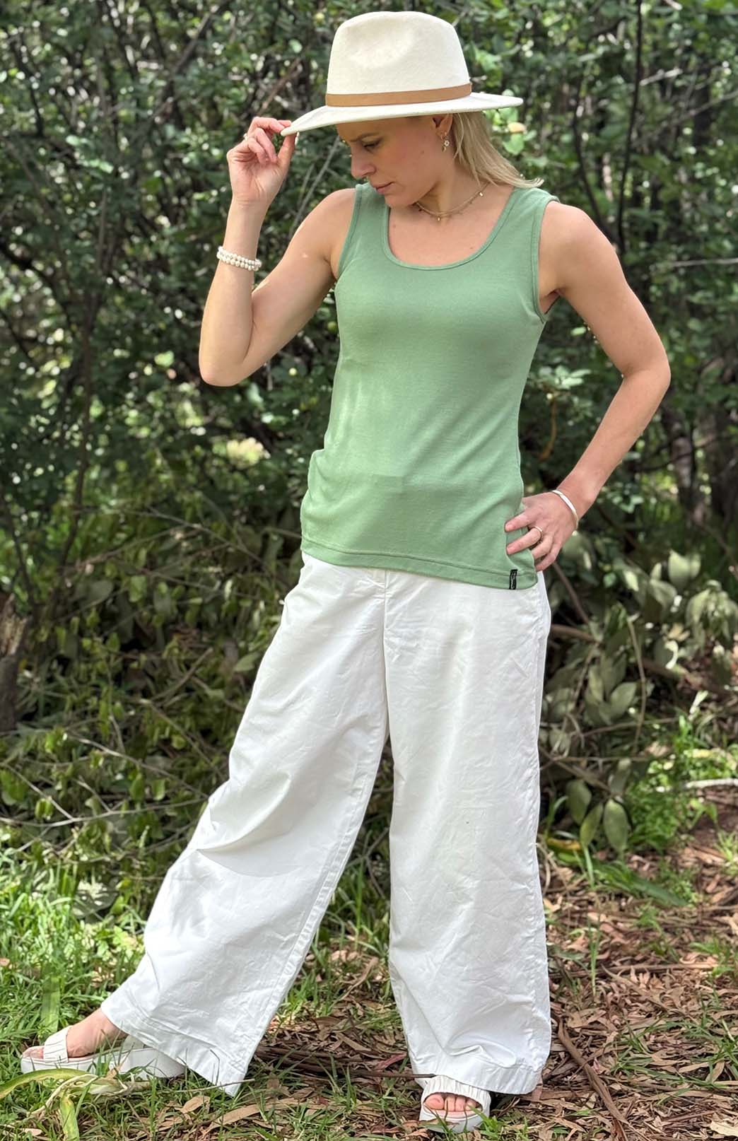 Matcha Green Women's Merino Wool Sleeveless Scoop Neck Top