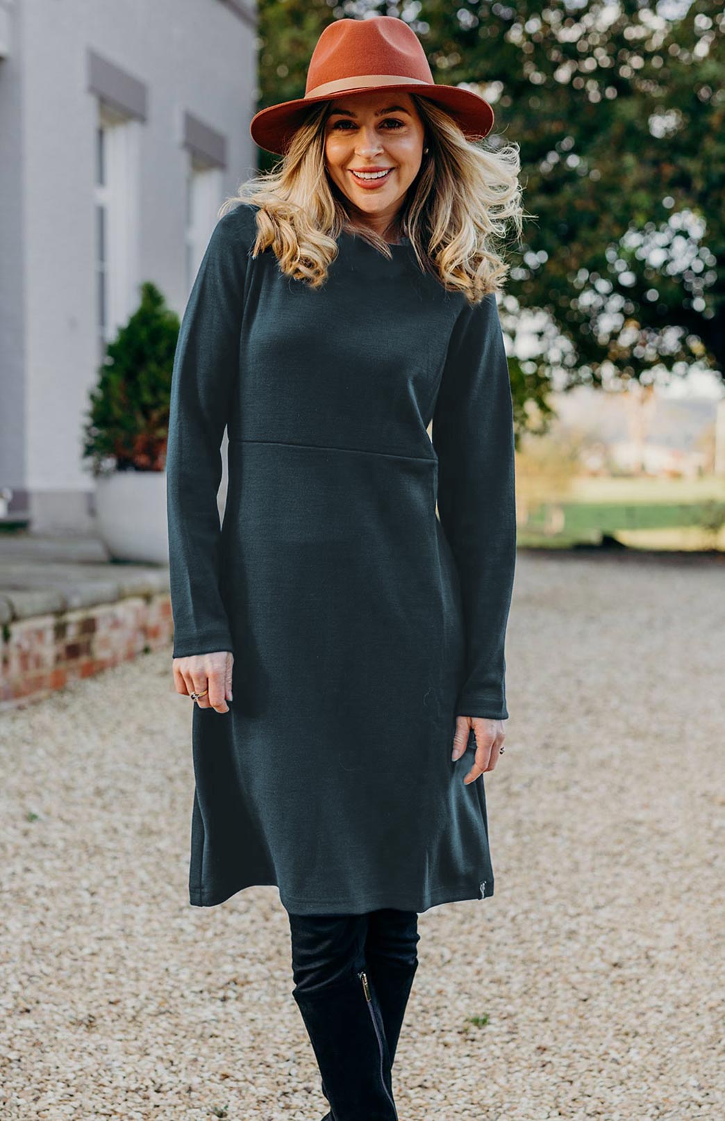 Deep Sea Green Women's Merino Wool Straight Dress with Long Sleeves