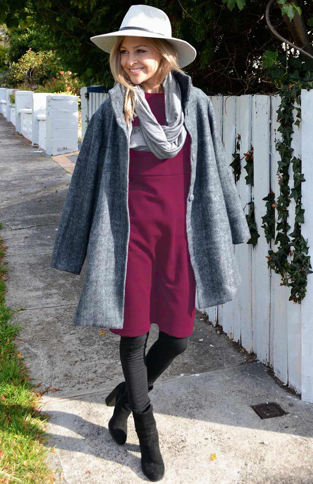 Magenta Women's Merino Wool Straight Dress with Long Sleeves