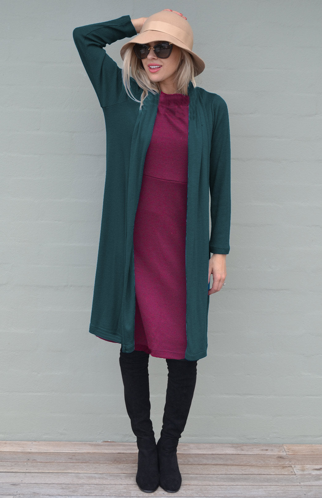 Magenta Women's Merino Wool Straight Dress with Long Sleeves