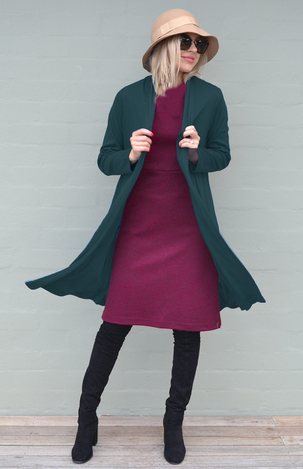 Magenta Women's Merino Wool Straight Dress with Long Sleeves