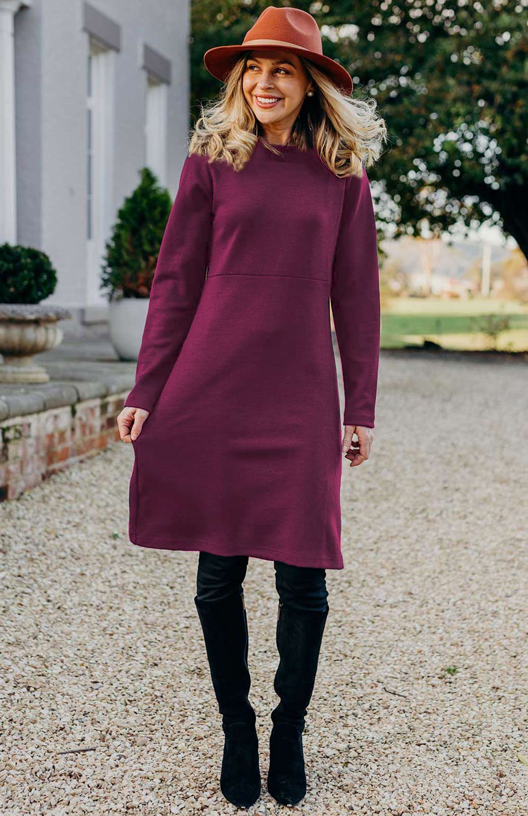 Magenta Women's Merino Wool Straight Dress with Long Sleeves