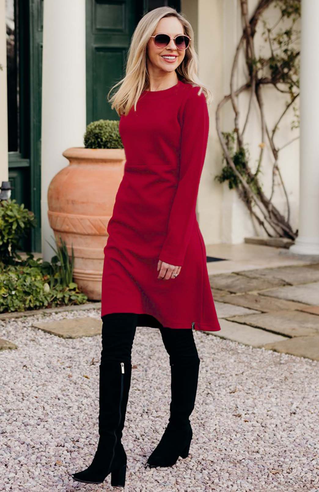 Chilli Red Women's Merino Wool Straight Dress with Long Sleeves