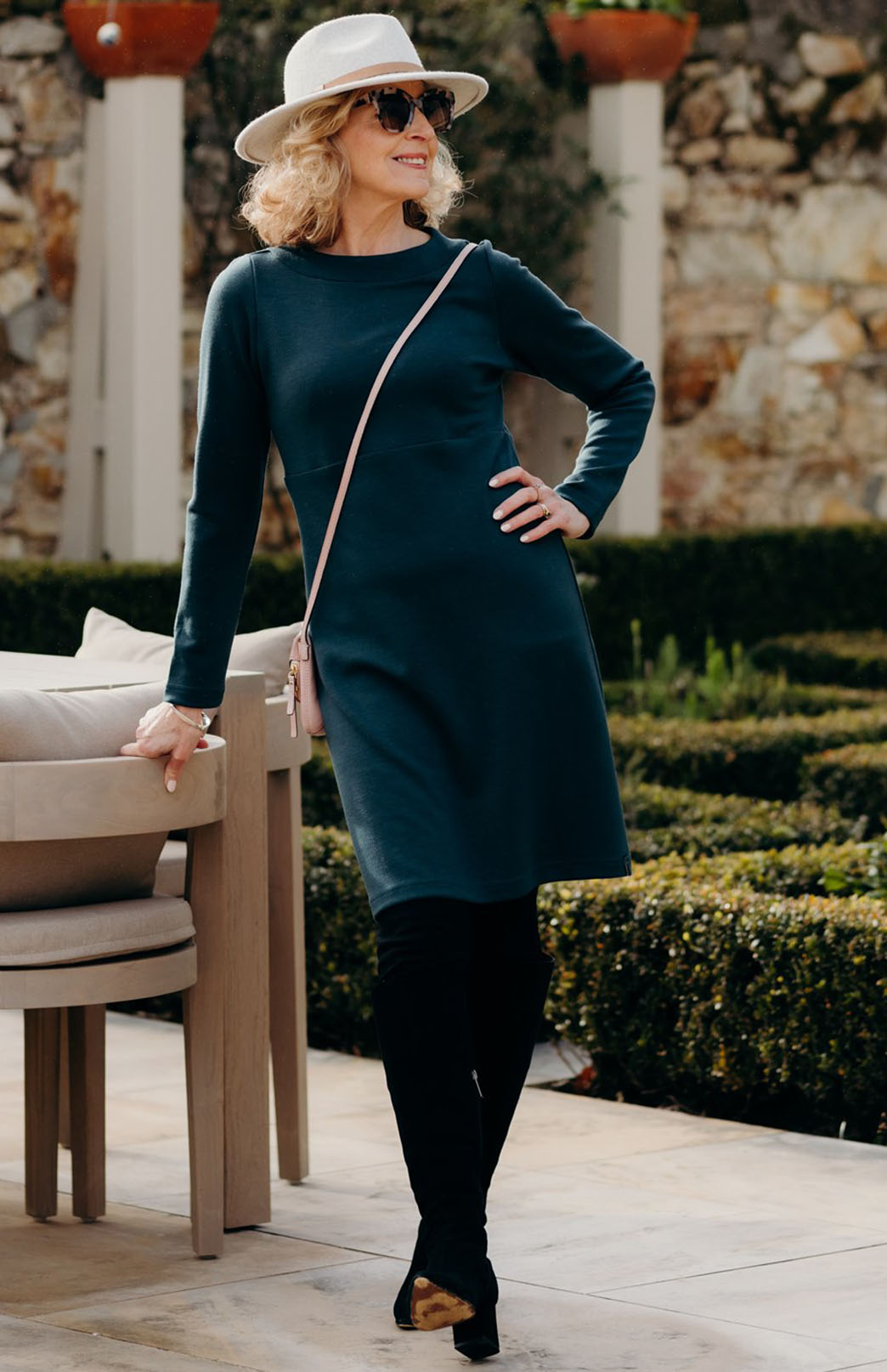 Magenta Women&#39;s Merino Wool Straight Dress with Long Sleeves
