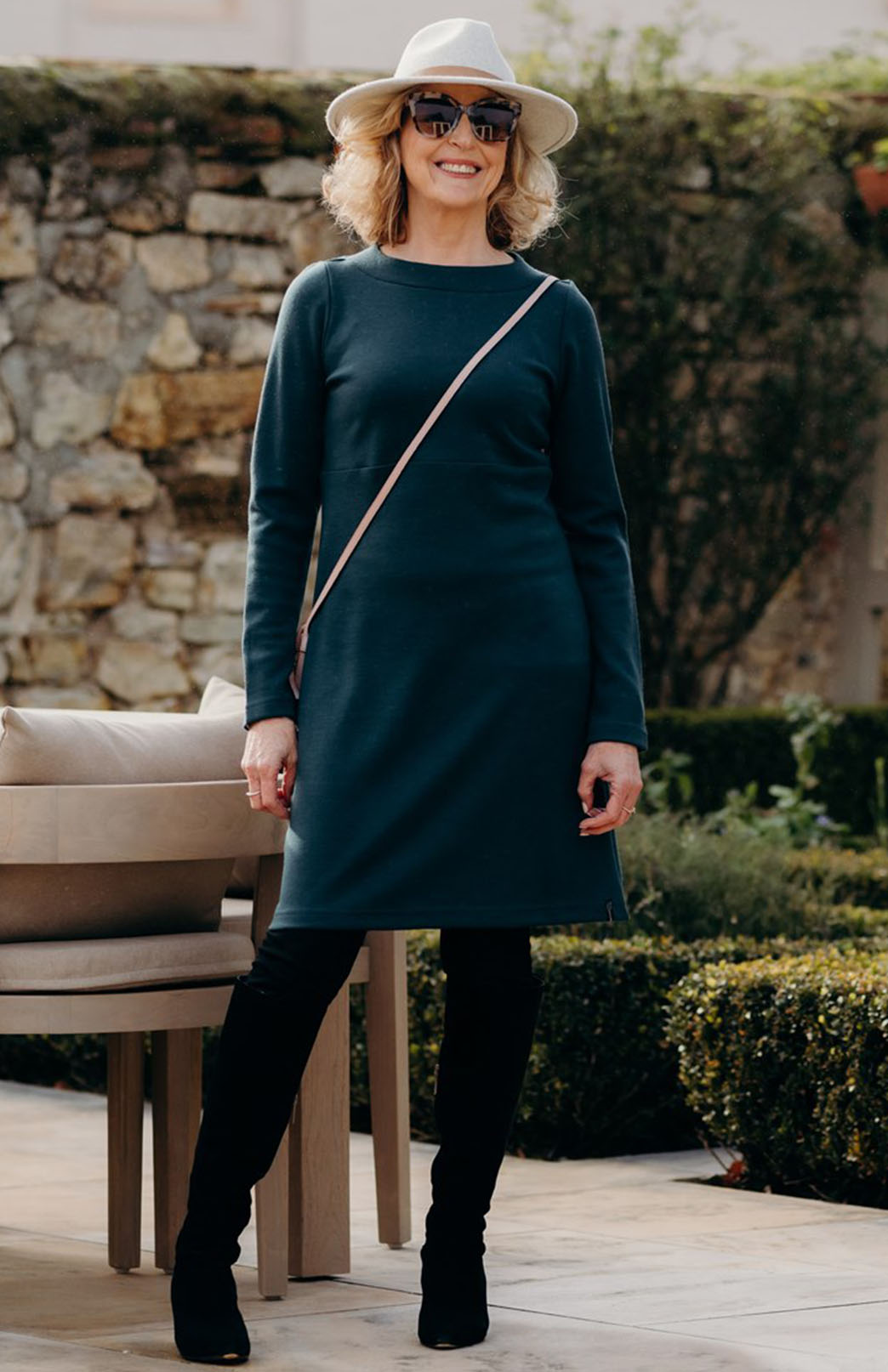 Deep Sea Green Women's Merino Wool Straight Dress with Long Sleeves