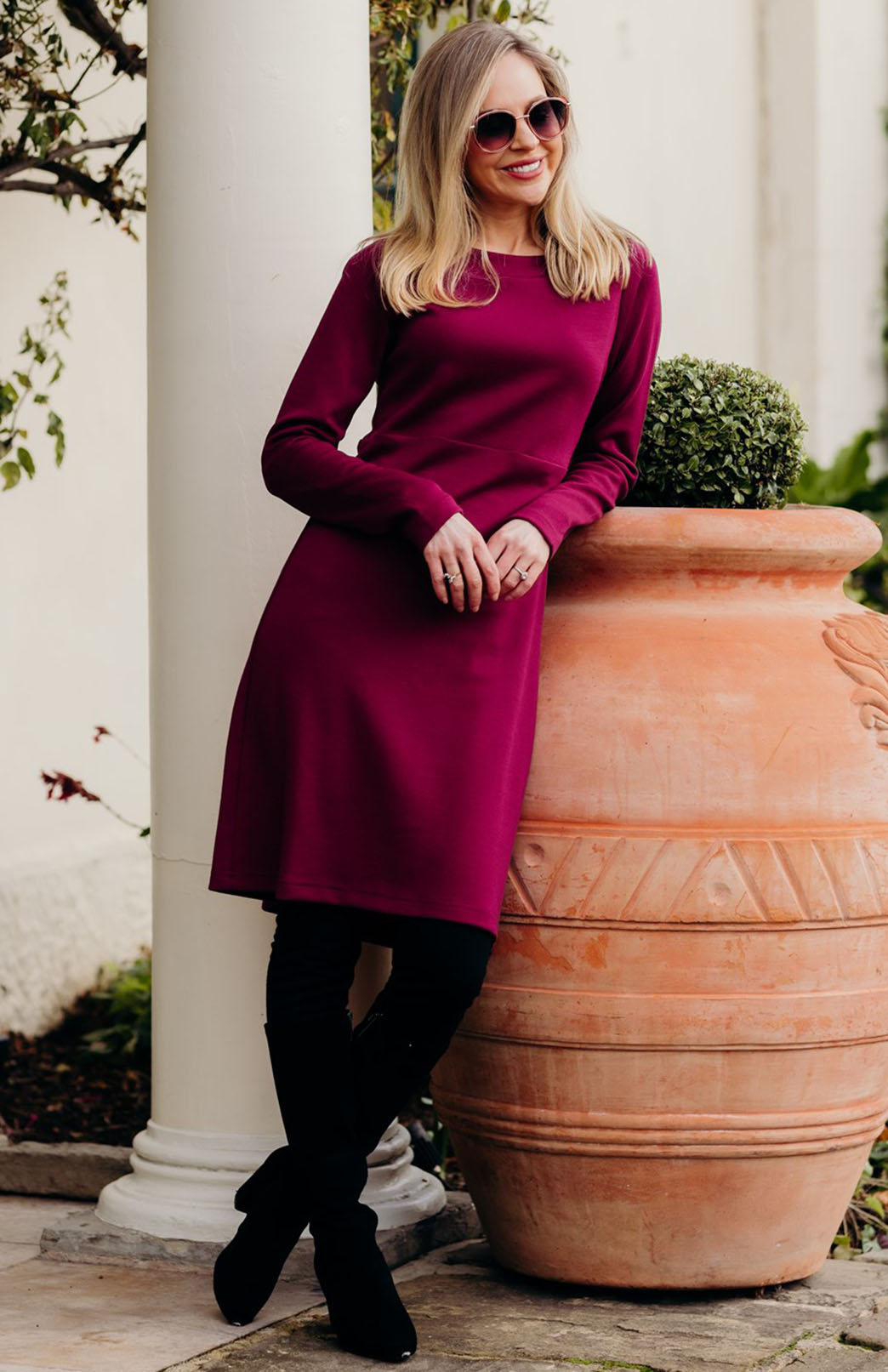 Magenta Women&#39;s Merino Wool Straight Dress with Long Sleeves
