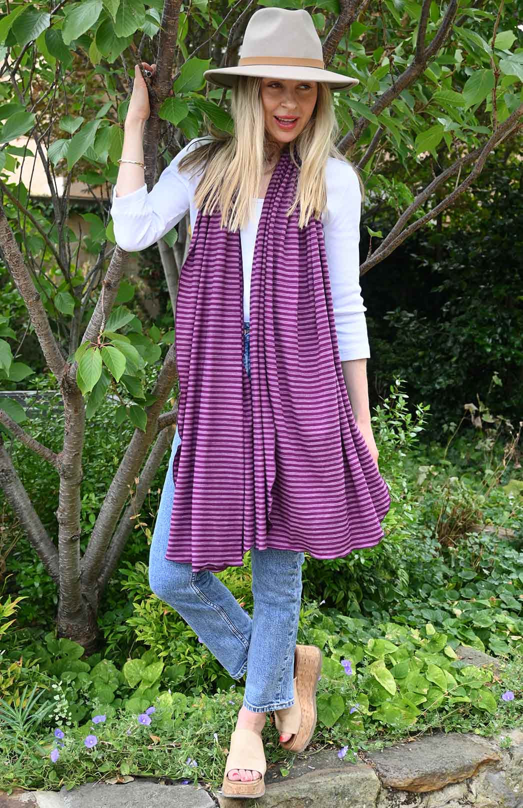 Boysenberry Stripe Women's Merino Wool Plain Scarf
