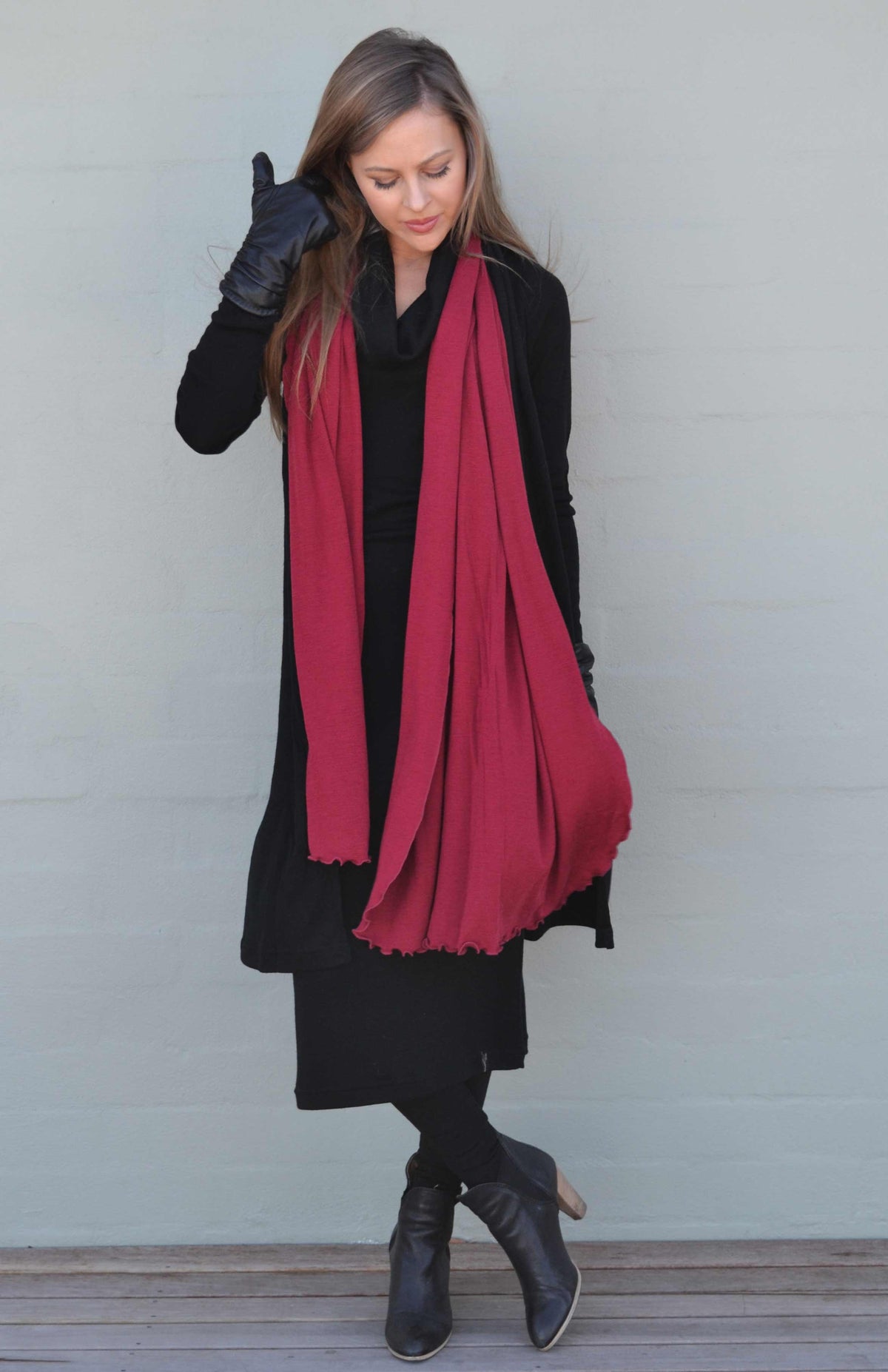 Burgundy Red Women's Merino Wool Plain Scarf