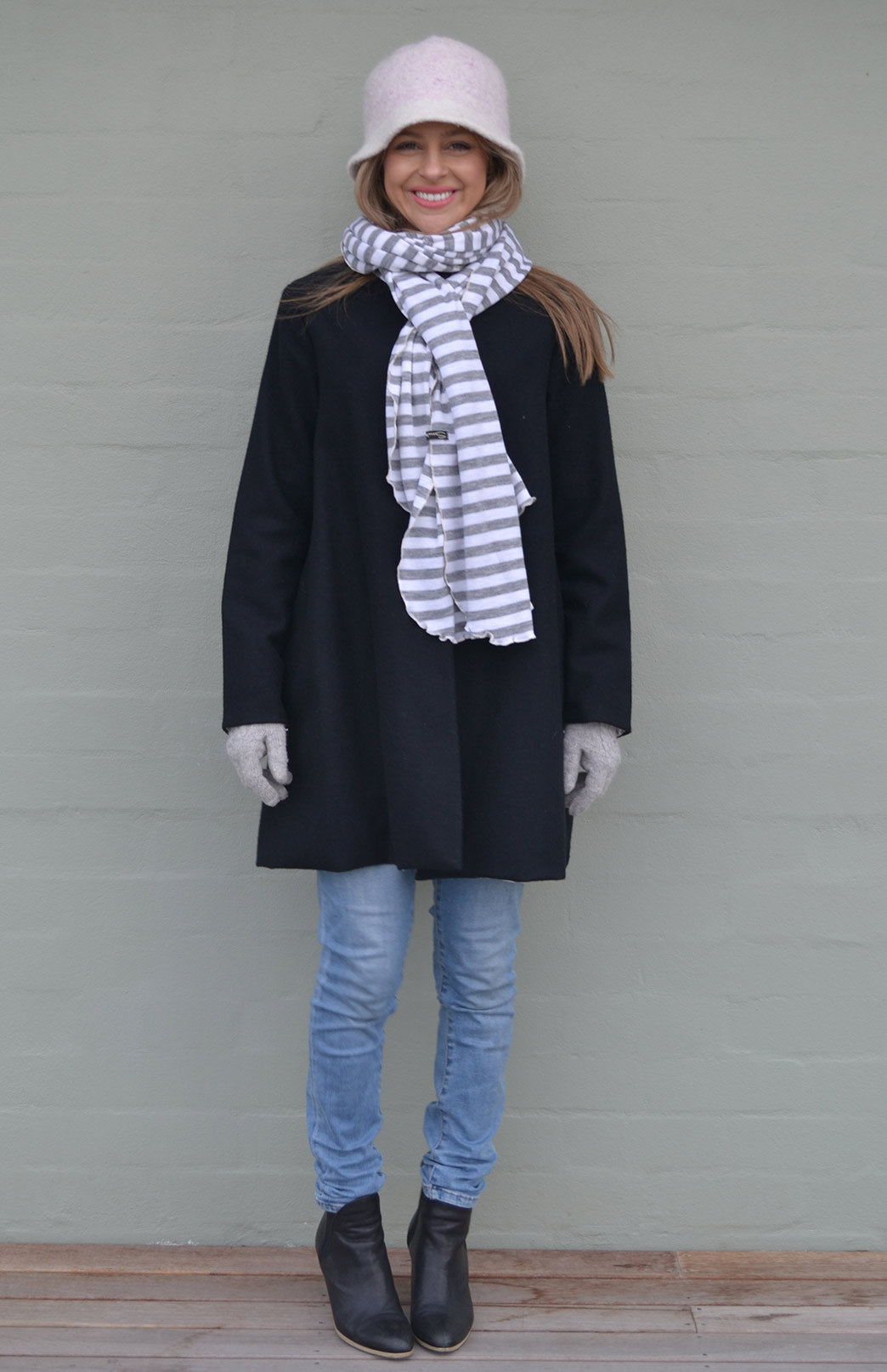 Grey Marl and Ivory Stripe Women's Merino Wool Luxury Scarf