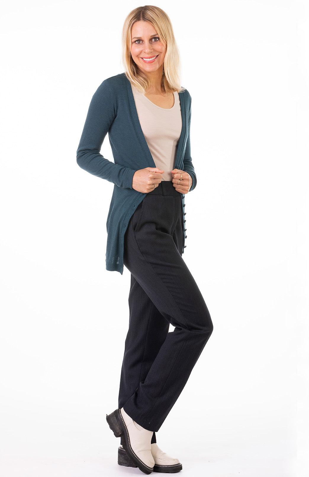 Deep Sea Green Women's Merino Wool Long Sleeve Button Cardigan